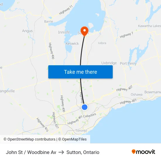 John St / Woodbine Av to Sutton, Ontario map