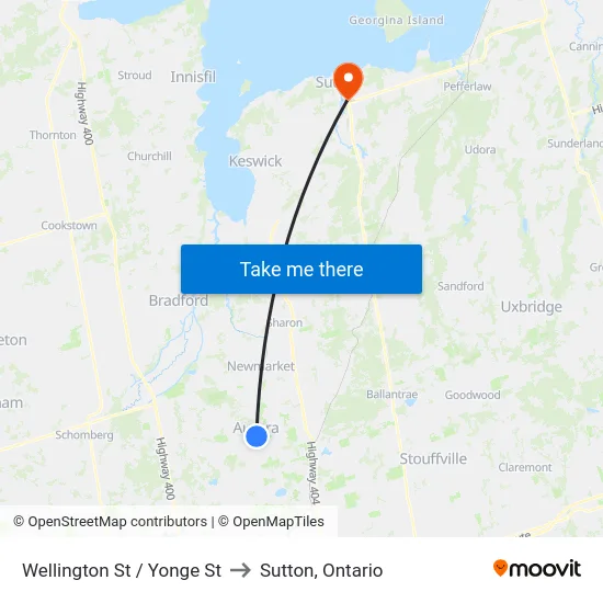 Wellington St / Yonge St to Sutton, Ontario map