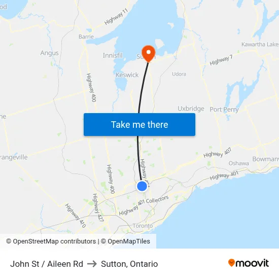 John St / Aileen Rd to Sutton, Ontario map