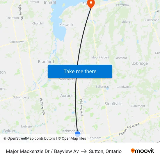 Major Mackenzie Dr / Bayview Av to Sutton, Ontario map