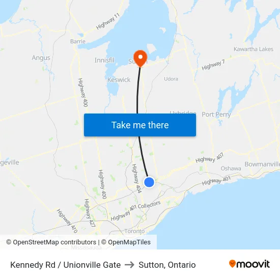 Kennedy Rd / Unionville Gate to Sutton, Ontario map