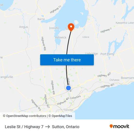 Leslie St / Highway 7 to Sutton, Ontario map