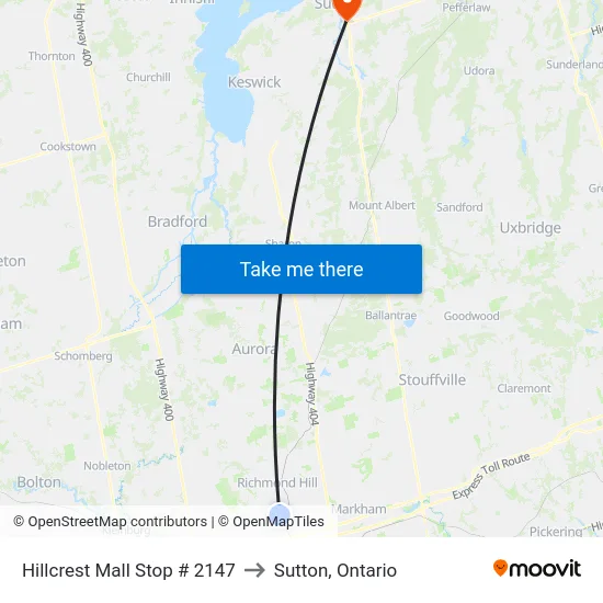 Hillcrest Mall Stop # 2147 to Sutton, Ontario map
