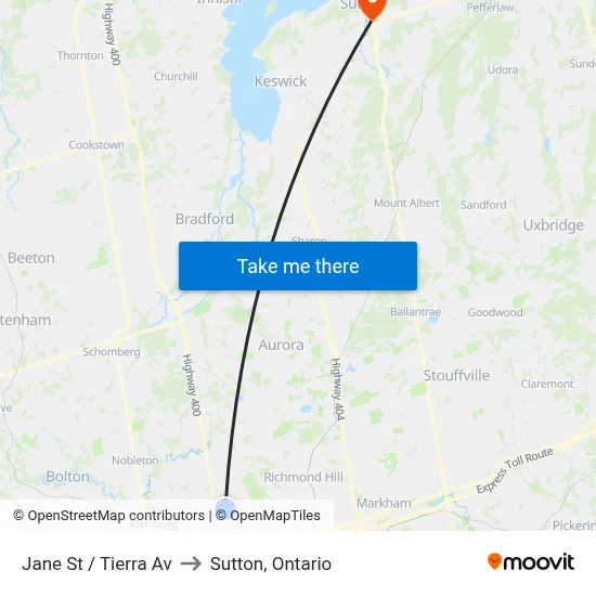 Jane St / Tierra Av to Sutton, Ontario map