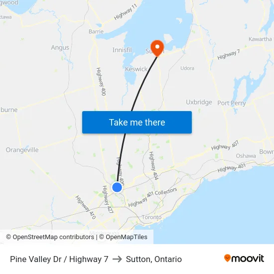 Pine Valley Dr / Highway 7 to Sutton, Ontario map