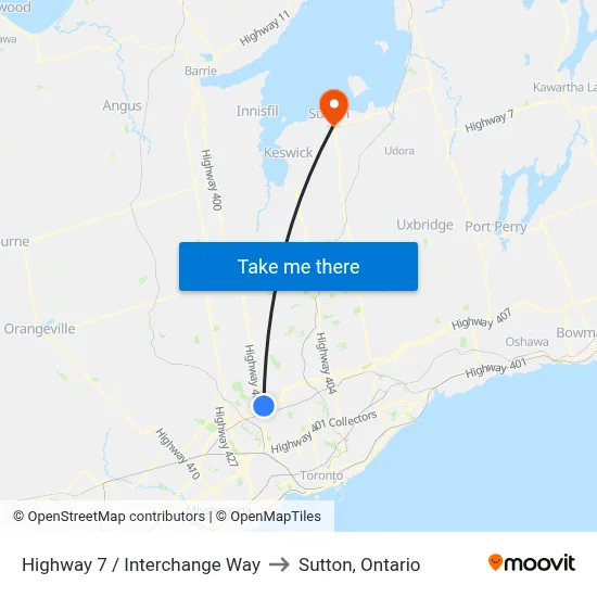 Highway 7 / Interchange Way to Sutton, Ontario map