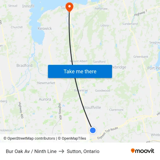 Bur Oak Av / Ninth Line to Sutton, Ontario map