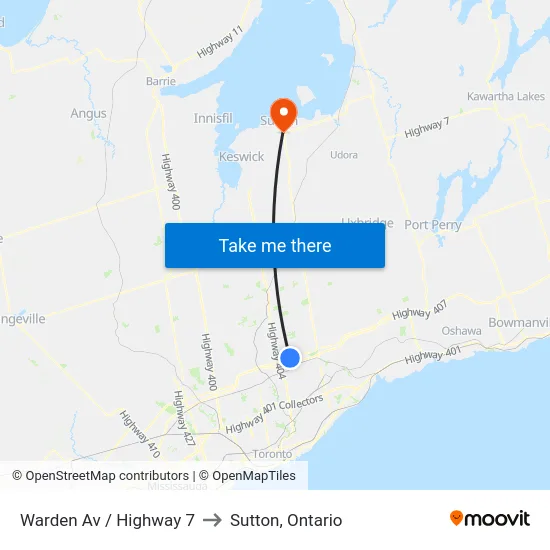 Warden Av / Highway 7 to Sutton, Ontario map