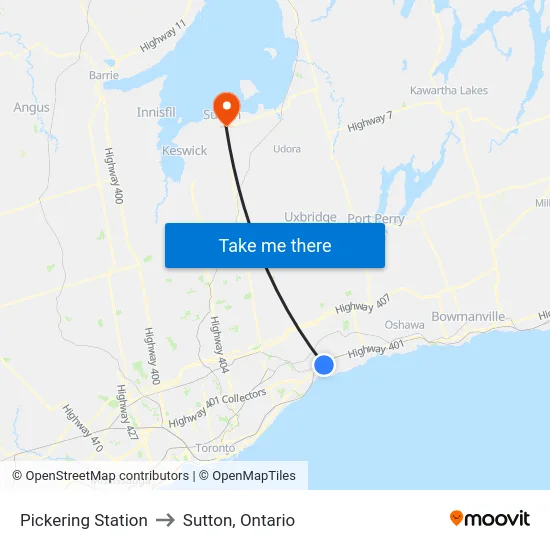 Pickering Station to Sutton, Ontario map