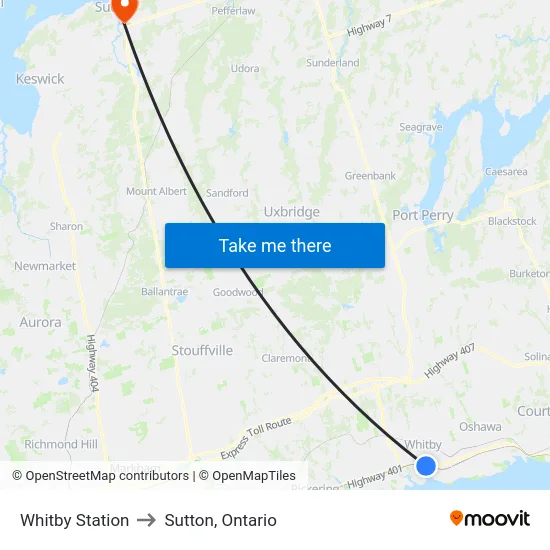 Whitby Station to Sutton, Ontario map