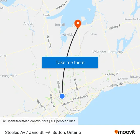 Steeles Av / Jane St to Sutton, Ontario map