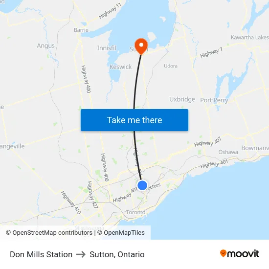 Don Mills Station to Sutton, Ontario map