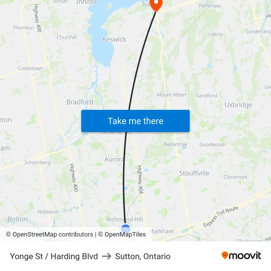 Yonge St / Harding Blvd to Sutton, Ontario map