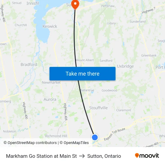 Markham Go Station at Main St to Sutton, Ontario map