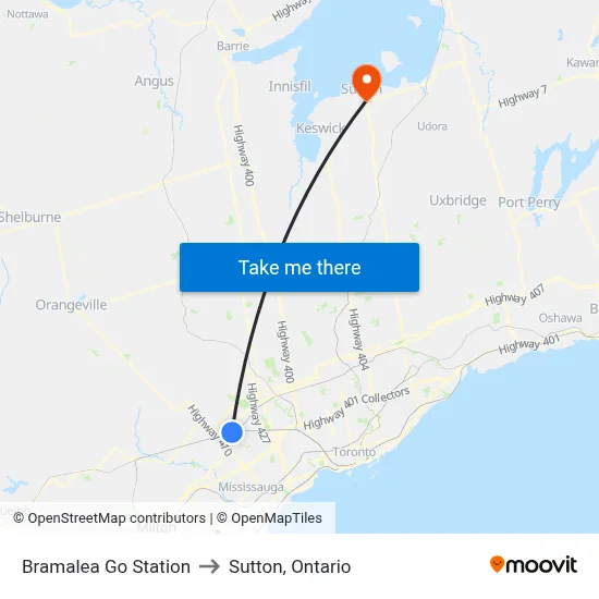 Bramalea Go Station to Sutton, Ontario map
