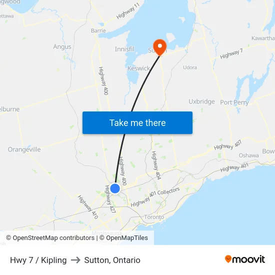 Hwy 7 / Kipling to Sutton, Ontario map