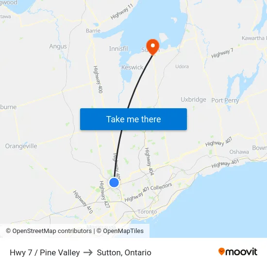 Hwy 7 / Pine Valley to Sutton, Ontario map