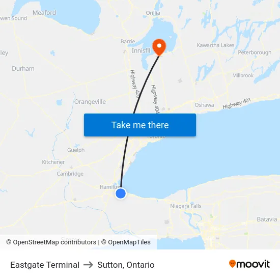 Eastgate Terminal to Sutton, Ontario map