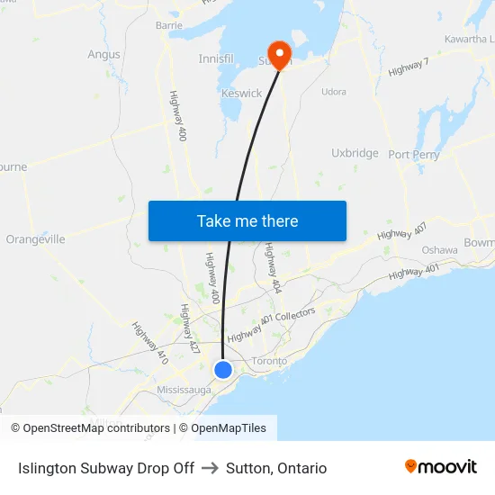 Islington Subway Drop Off to Sutton, Ontario map