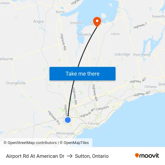 Airport Rd At American Dr to Sutton, Ontario map