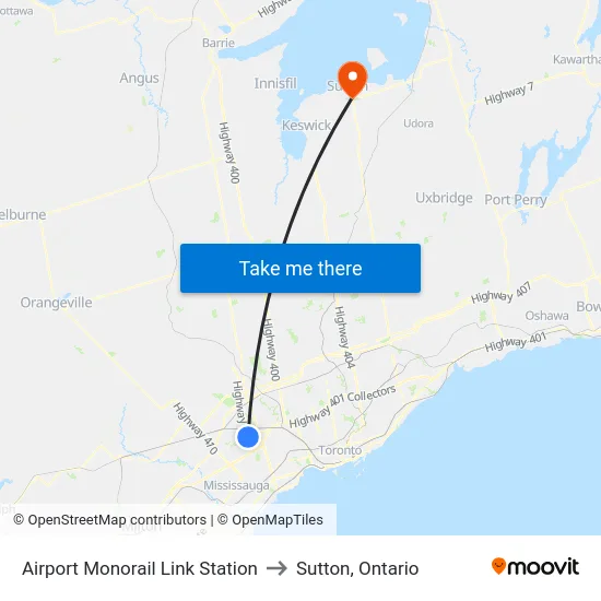 Airport Monorail Link Station to Sutton, Ontario map