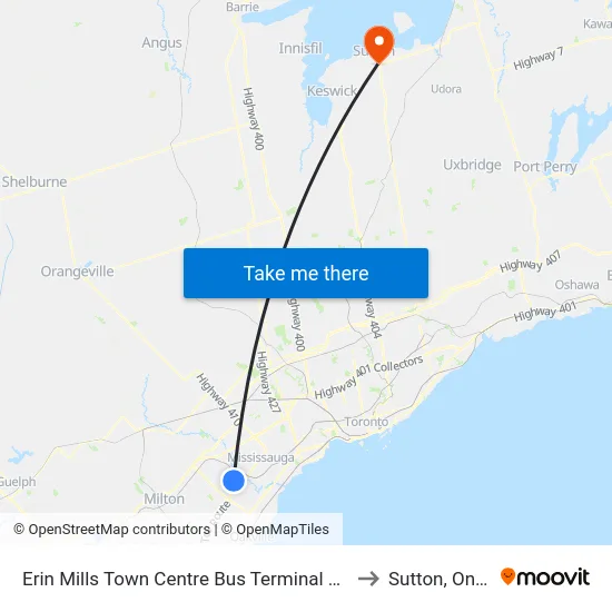 Erin Mills Town Centre Bus Terminal Platform B to Sutton, Ontario map