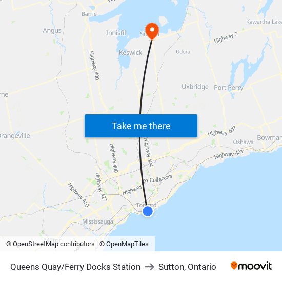 Queens Quay/Ferry Docks Station to Sutton, Ontario map