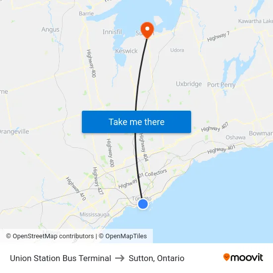 Union Station Bus Terminal to Sutton, Ontario map