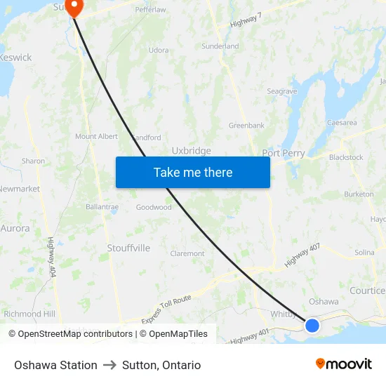 Oshawa Station to Sutton, Ontario map