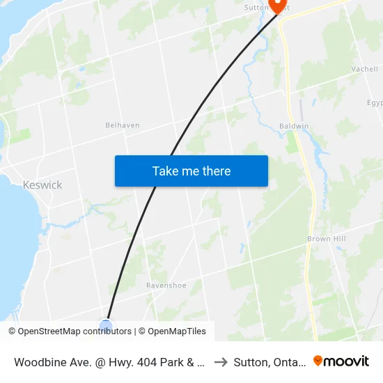 Woodbine Ave. @ Hwy. 404 Park & Ride to Sutton, Ontario map