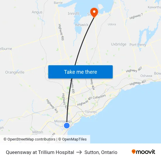 Queensway at Trillium Hospital to Sutton, Ontario map