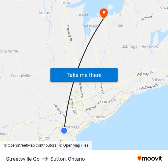 Streetsville Go to Sutton, Ontario map