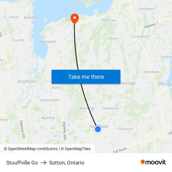 Stouffville Go to Sutton, Ontario map