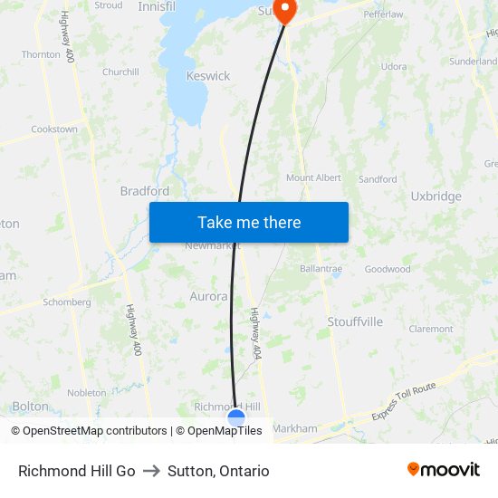 Richmond Hill Go to Sutton, Ontario map
