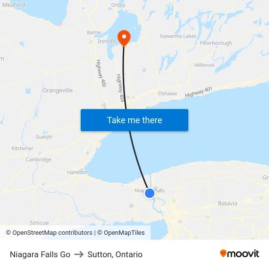 Niagara Falls Go to Sutton, Ontario map