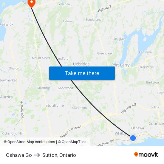 Oshawa Go to Sutton, Ontario map