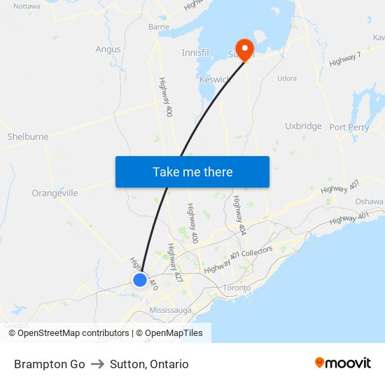 Brampton Go to Sutton, Ontario map
