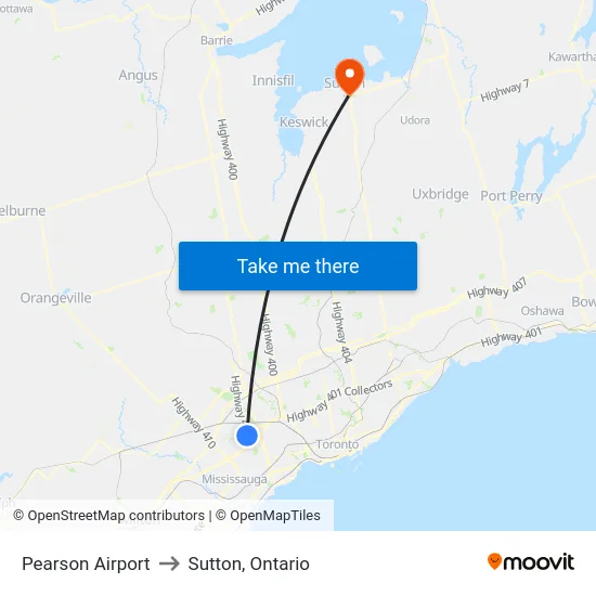 Pearson Airport to Sutton, Ontario map
