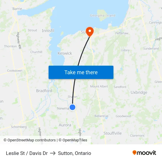 Leslie St / Davis Dr to Sutton, Ontario map