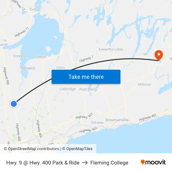 Hwy. 9 @ Hwy. 400 Park & Ride to Fleming College map