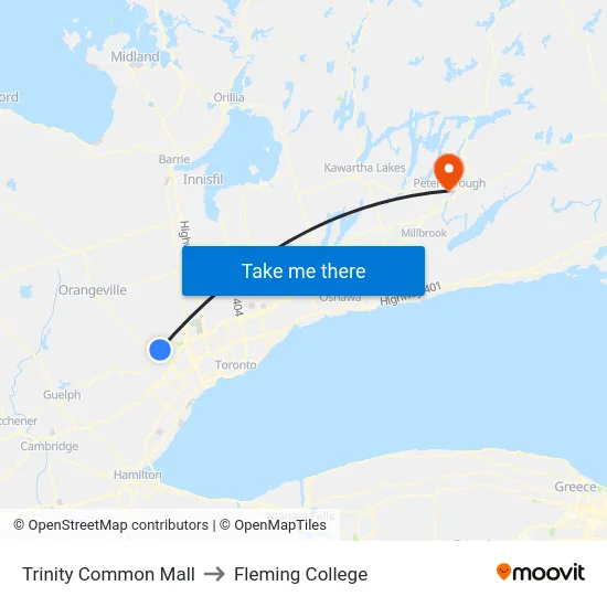 Trinity Common Mall to Fleming College map