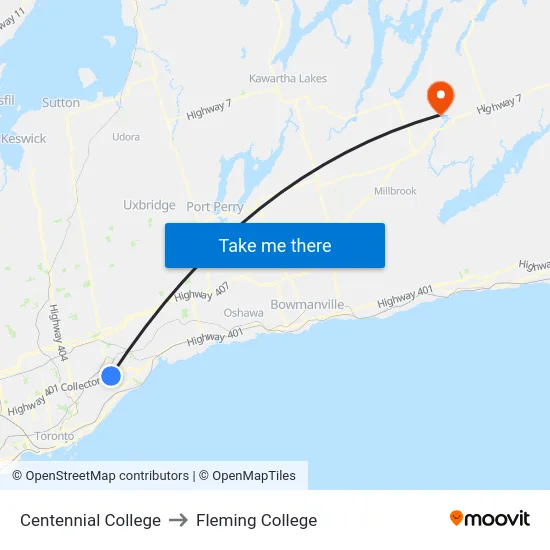 Centennial College to Fleming College map
