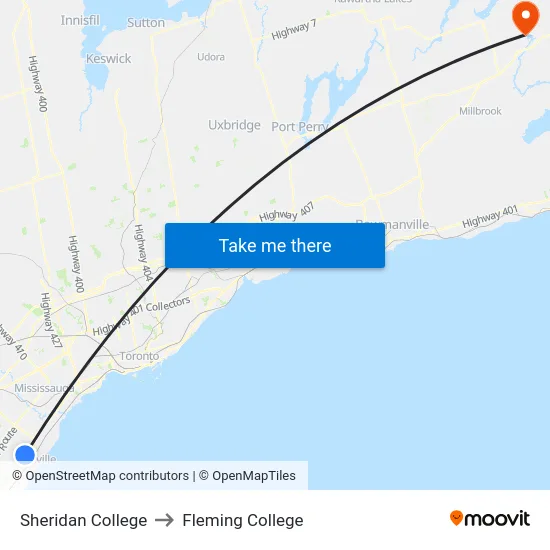 Sheridan College to Fleming College map
