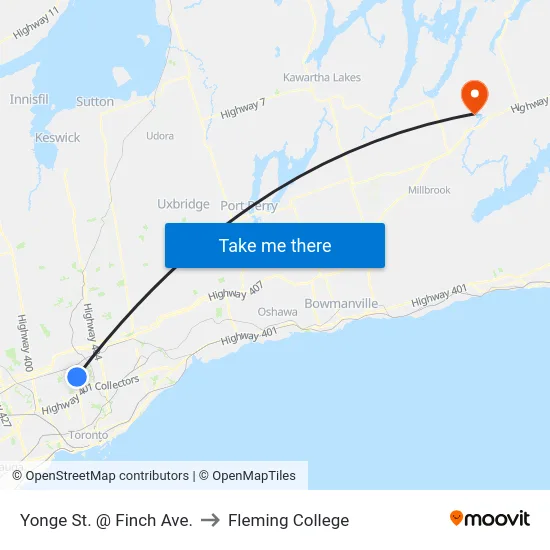 Yonge St. @ Finch Ave. to Fleming College map
