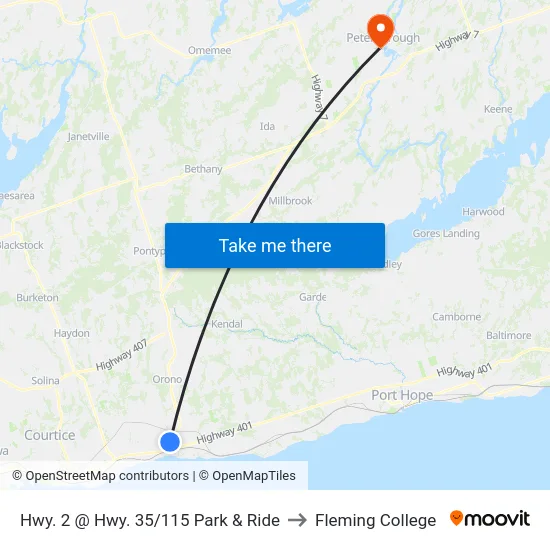 Hwy. 2 @ Hwy. 35/115 Park & Ride to Fleming College map