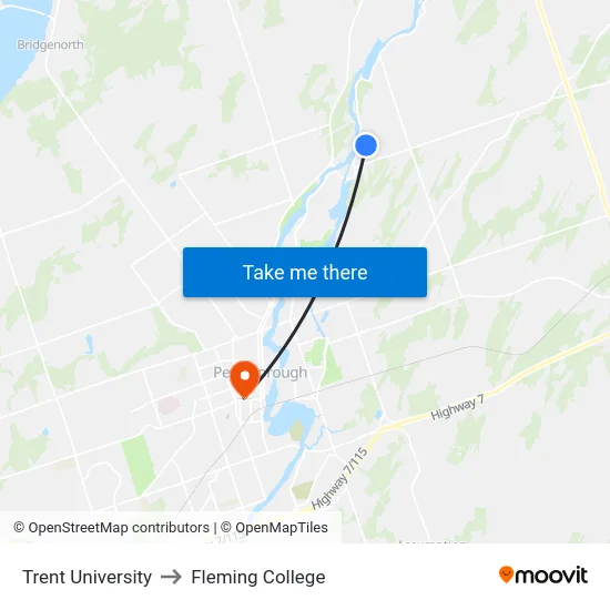 Trent University to Fleming College map