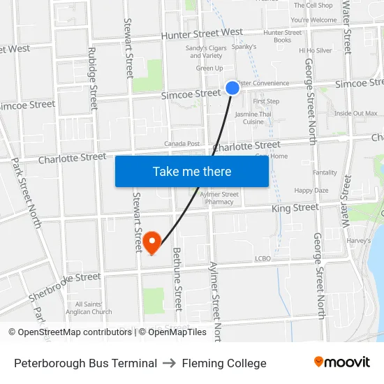 Peterborough Bus Terminal to Fleming College map