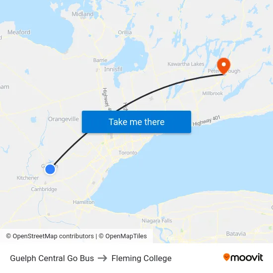Guelph Central Go Bus to Fleming College map