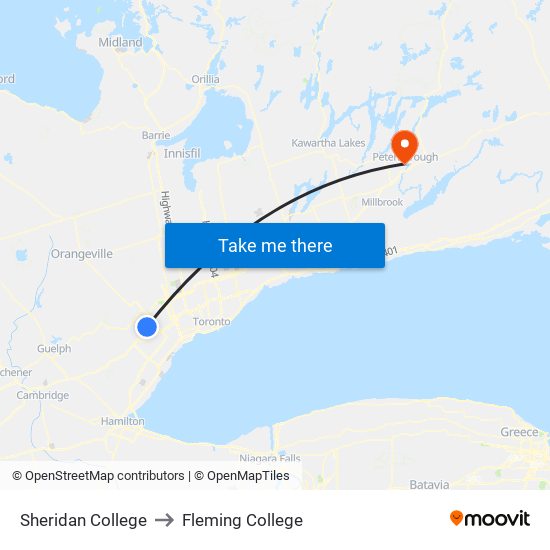 Sheridan College to Fleming College map