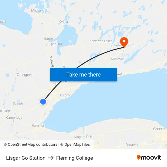 Lisgar Go Station to Fleming College map